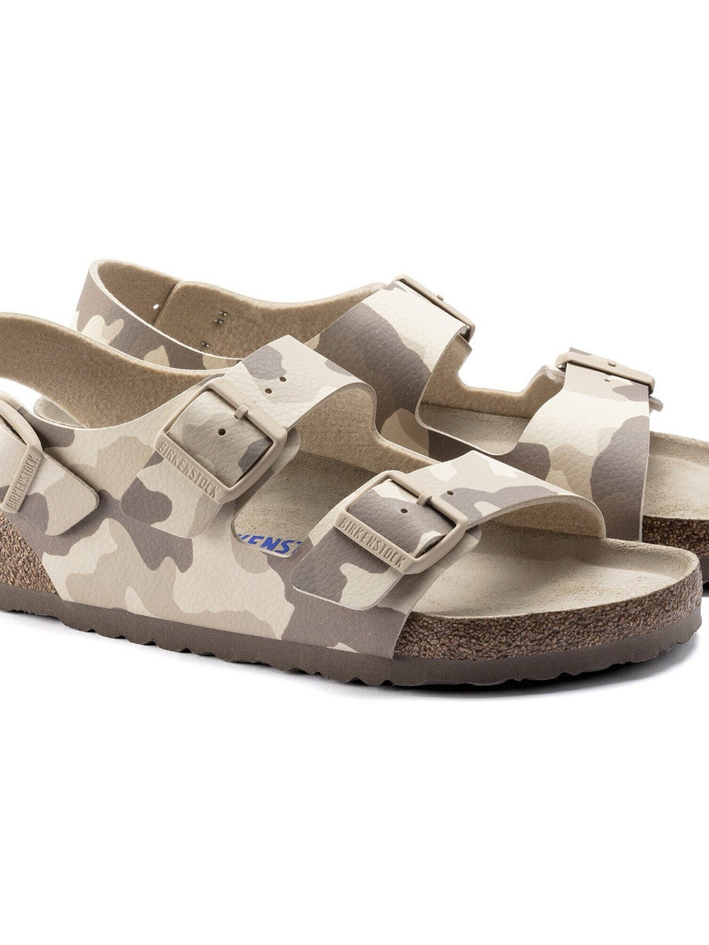 Birkenstock Camo Buckle Sandals in Tan, Brown, and Cream